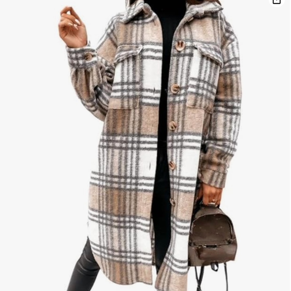 Long Plaid Shirts Shacket Jacket Button Down Long Sleeve Woolen Blend Sh…